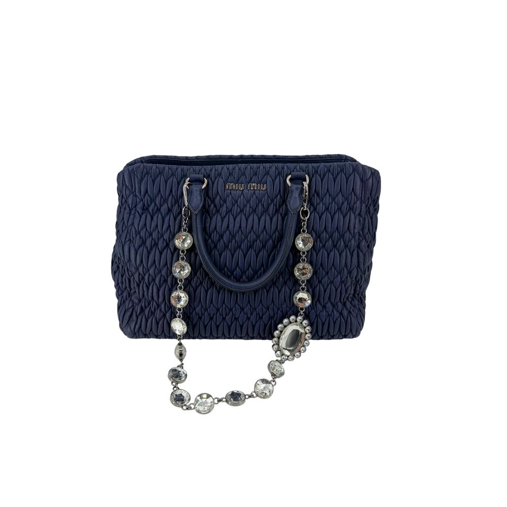 Miu Miu Nappa Crystal Matelasse Top Handle Tote Navy Blue Leather Chain Strap